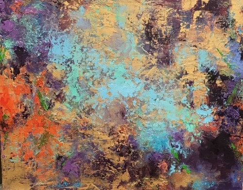 Abstract oil painting with gold metallic paint by Arleen Joseph