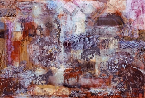 Abstract mixed media and collage of Noah's Ark by Beth Goldberg