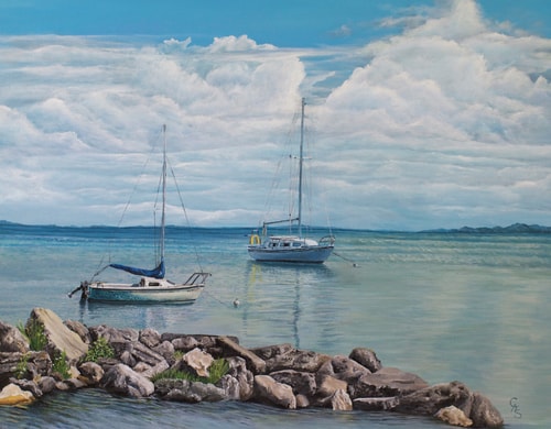 Painting of a seascape with sailboats by Carol-Ann Salley