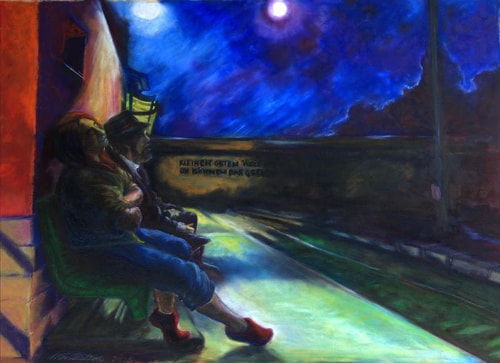 Oil and Pastel painting of a couple waiting at a train station at night by Charlotte R. Durie