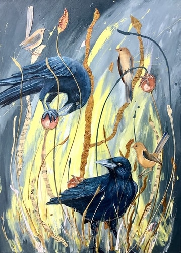 Painting of two crows in tall grass by Victoria Velozo