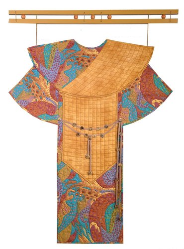 Blue and coral embroidered fiber and mixed media kimono wall hanging by Sandra Sciarrotta