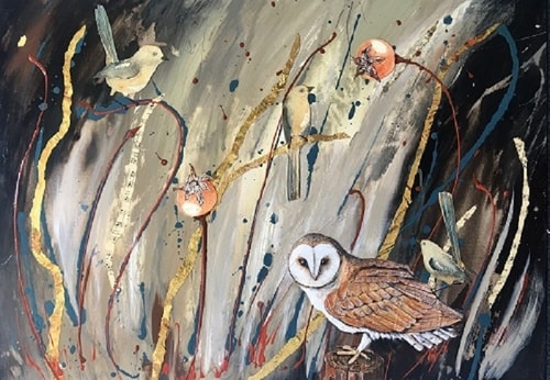 Painting of an owl and other birds by Victoria Velozo