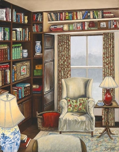 Painting of a cozy home library by Darrel Kanyok