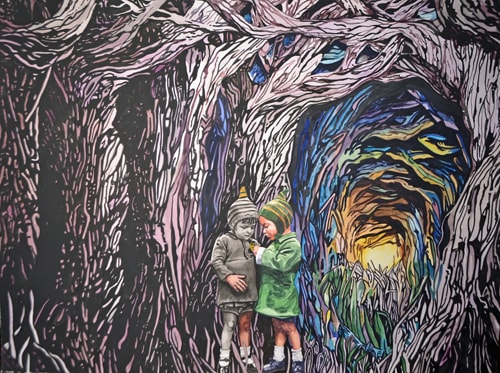 Watercolor painting of two children in a wooded tunnel by Valerie Patterson