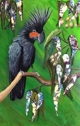 Painting of a black tropical bird by Victoria Velozo