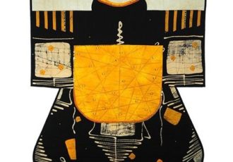 Black and Yellow embroidered fiber kimono wall hanging by Sandra Sciarrotta