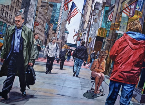 Watercolor painting of a naked elderly woman on a busy city sidewalk by Valerie Patterson