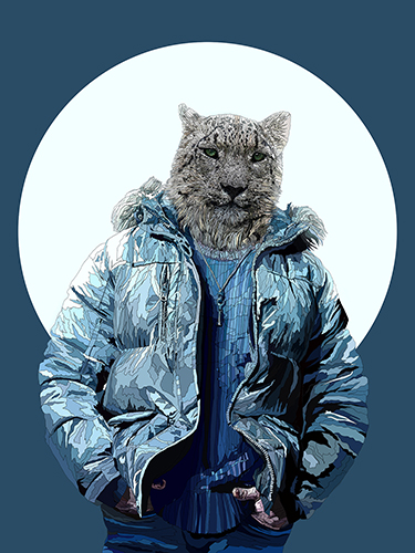 Digital drawing of a leopard wearing a blue fur-lined parka by Paul Kingsley Squire