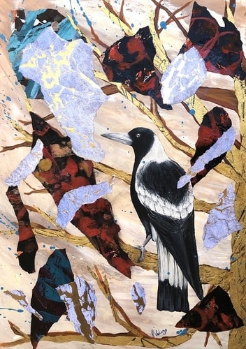 Painting of several black and brown birds in a tree by Victoria Velozo