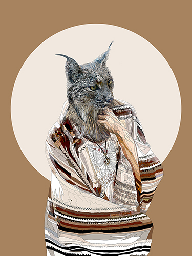 Digital drawing of a lynx wrapped in an Indian blanket by Paul Kingsley Squire