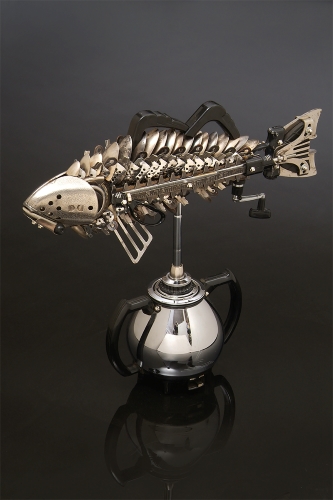 Found object sculpture of a Black Bass by Jason Lyons