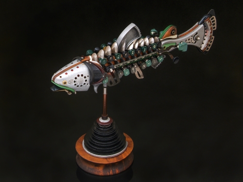 Found object sculpture of a brook trout by Jason Lyons