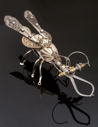 Found object sculpture of a hellgramite insect by Jason Lyons