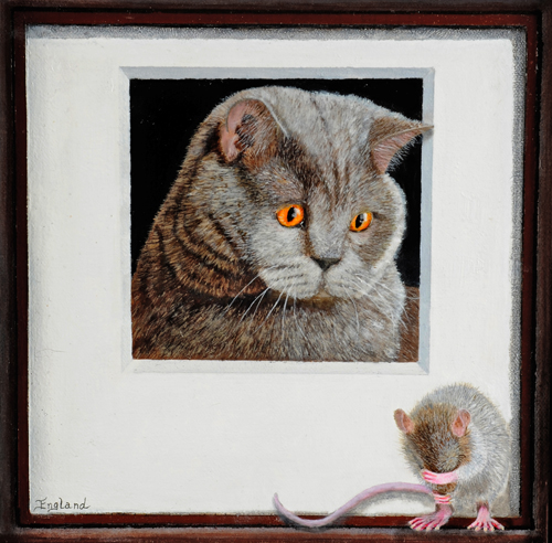 Painting of a cat looking at a mouse by Jacqueline England