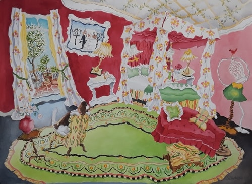 Watercolor painting of a warped wavering bedroom by Jacqueline Clark