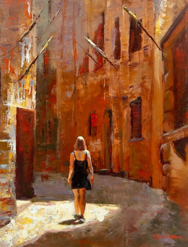 Oil painting of a woman walking through an alleyway by Jamie Lightfoot
