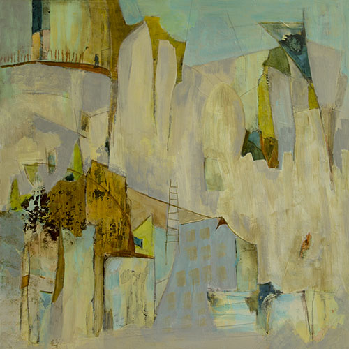 Abstract Acrylic and mixed media painting of a cityscape by Jeanne Beck