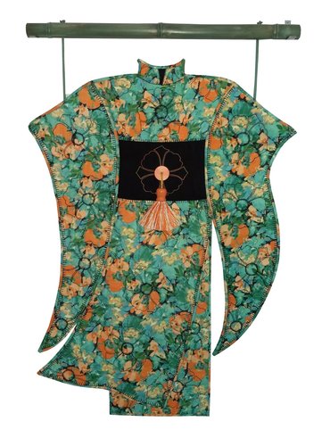 Green and peach colored embroidered fiber and mixed media kimono wall hanging by Sandra Sciarrotta