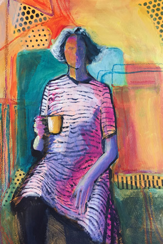 Abstract mixed media painting of seated woman with a cup of coffee by Laura Hunt