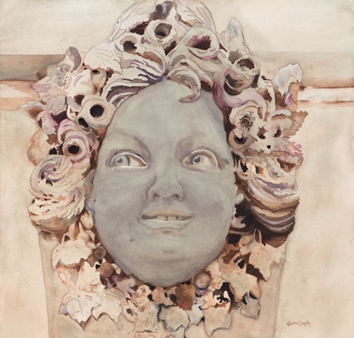Watercolor painting of a carved stone cherub face by Laurie Griffin