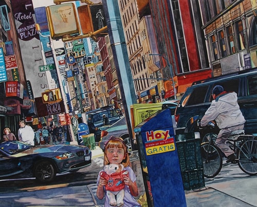 Watercolor painting of a small girl who appears to be lost in the city by Valerie Patterson