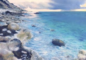 Painting of a rocky beach scene of a sunset at Gialos Skala Beach in Greece by Lucy Jordan