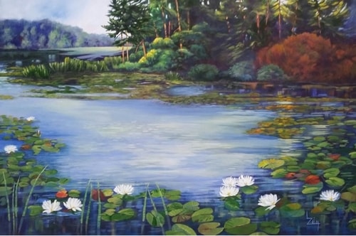 Acrylic painting of a pond with water lilies by Lynne Zentner