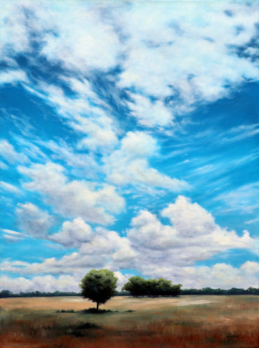 Landscape painting of a cloud filled sky by Mary Taglieri