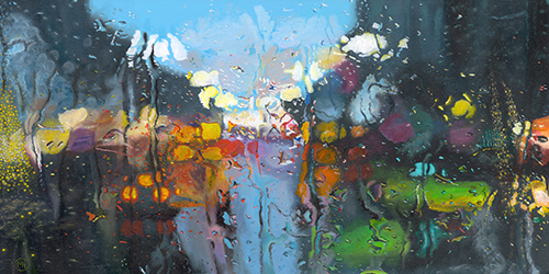 Painting of the view of a street through a rain covered windshield by Monika Harmund Csanyi