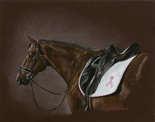Pastel portrait of a saddled brown horse by Nancy Smyth