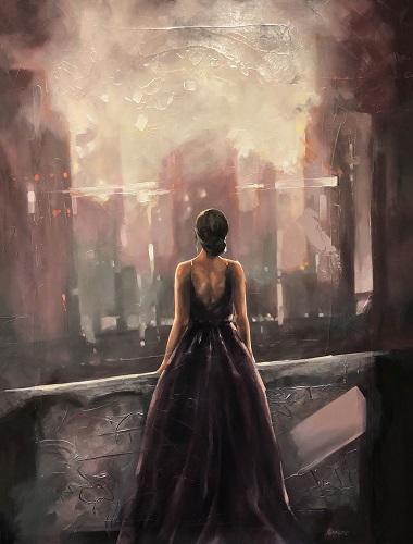 Oil painting of a woman in a formal gown during intermission at the theater by Nichole Laizure