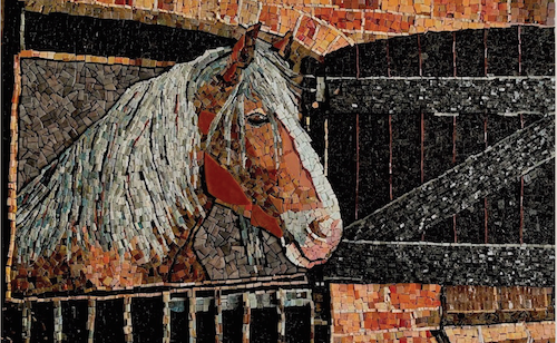 Stone mosaic of a horse in a stall by Pamela Mauseth
