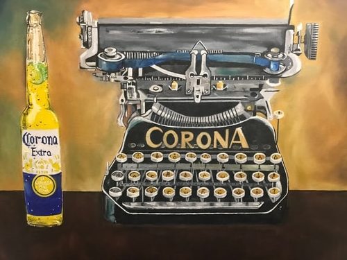 Oil painting of a Corona typewriter next to a bottle of Corona Beer by Paul Roemer