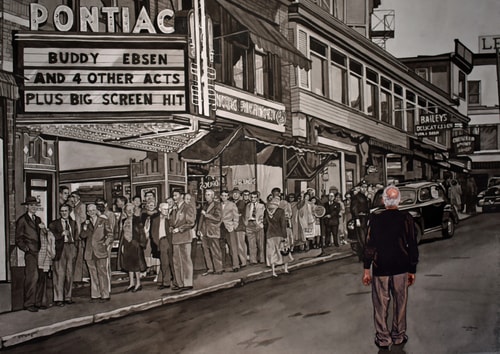 Watercolor painting in black and white with an elderly modern day man standing in front of a forties movie marquee by Valerie Patterson