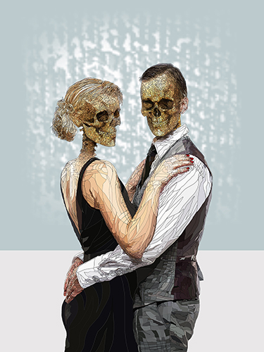 Digital drawing of a man and woman with skulls for head dancing by Paul Kingsley Squire