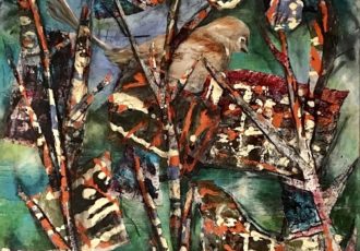 Abstract Painting of a hawk in branches by Victoria Velozo