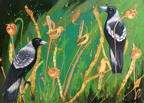 Painting of two black and white birds with some smaller brown birds against a green background by Victoria Velozo