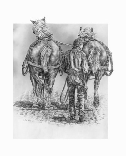 Graphite pencil drawing of a farmer behind an unhitched team of draft horses by Jeanne Cardana