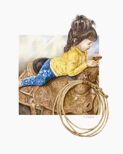 Colored Pencil drawing of a little girl in a saddle by Jeanne Cardana