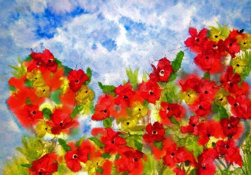 Torn paper collage of a field of red flowers