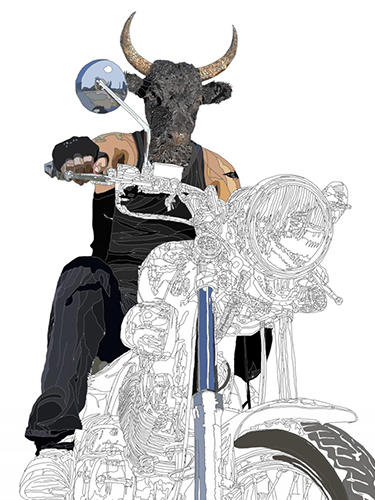 Partially completed digital drawing of a bull in clothing riding a motorcycle by Paul Kingsley Squire