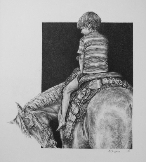 Graphite pencil drawing of a young boy on a horse by Jeanne Cardana