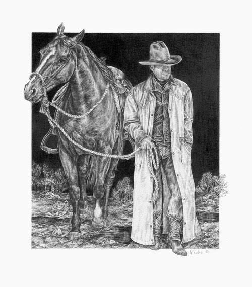 Graphite pencil drawing of a cowboy leading a horse by Jeanne Cardana