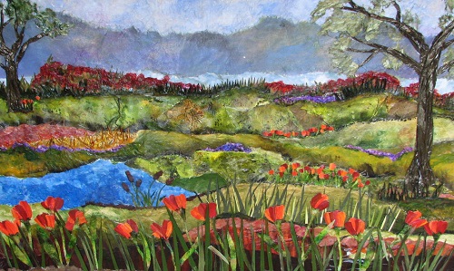 Mixed media paper collage of fields of tulips by artist Lisa Brown