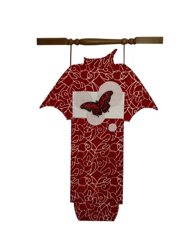 Embroidered burgundy fiber and mixed media kimono wall hanging by Sandra Sciarrotta