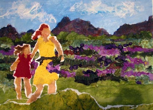 Torn paper collage of mother and children in a landscape with flowers by Lisa Brown