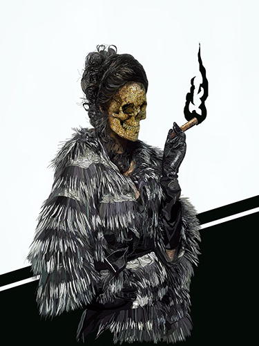 Digital drawing of a woman in a fur coat with a drink , a cigarette and a skull head by Paul Kingsley Squire