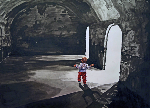 Watercolor painting of a small child in a dark room with two doors by Valerie Patterson