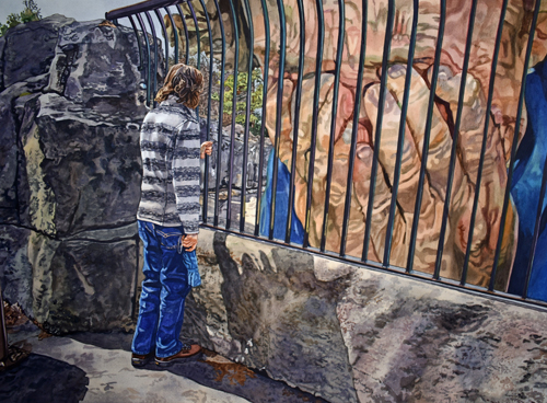 Watercolor painting showing a zoo visitor observing an oversized elderly person in a cage by Valerie Patterson